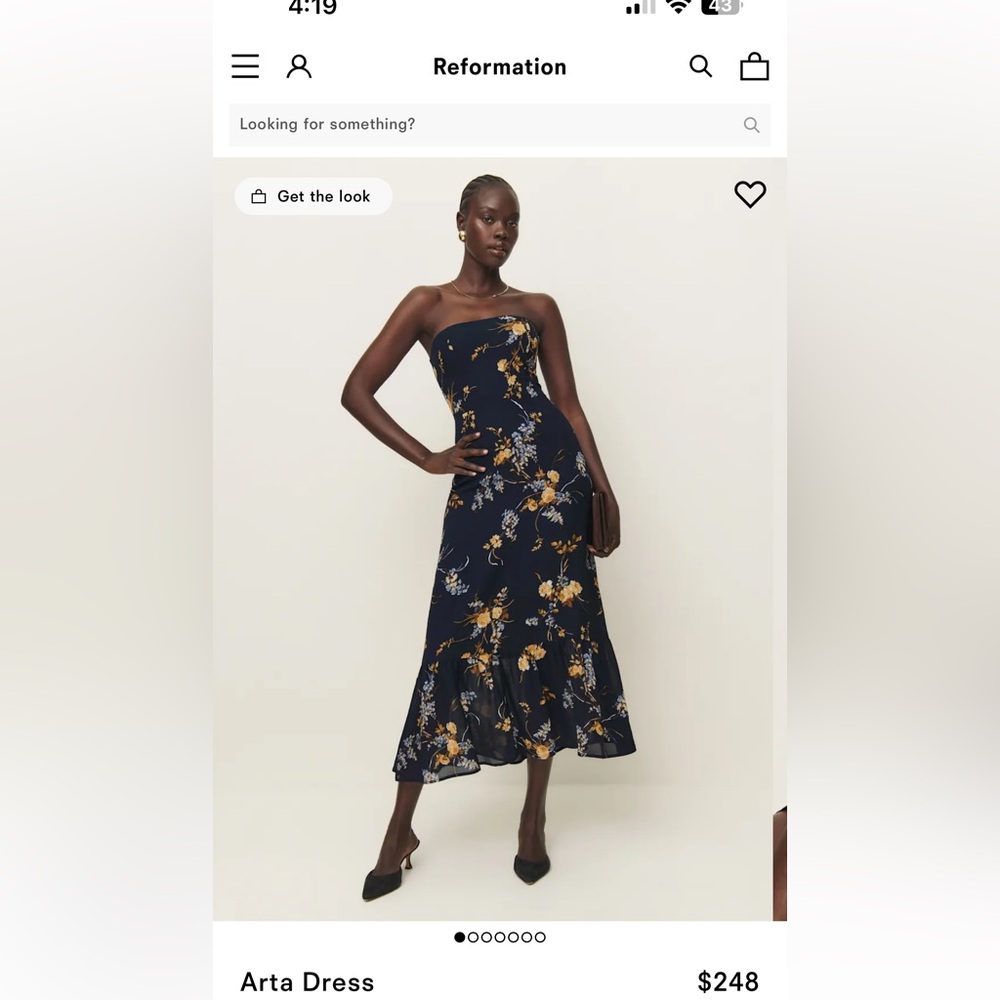 Reformation Arta Dress — Navy Floral Strapless Midi